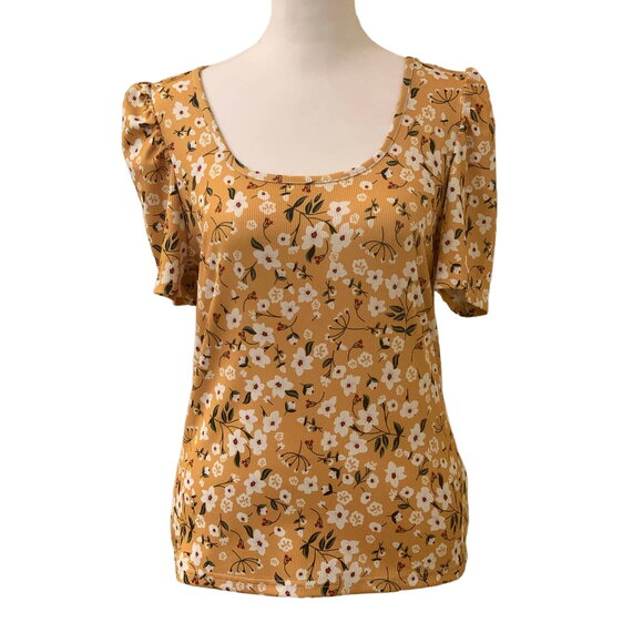 SHEIN Women's Mustard Yellow Floral Short Sleeve Stretch Top, Size Large - Picture 1 of 11